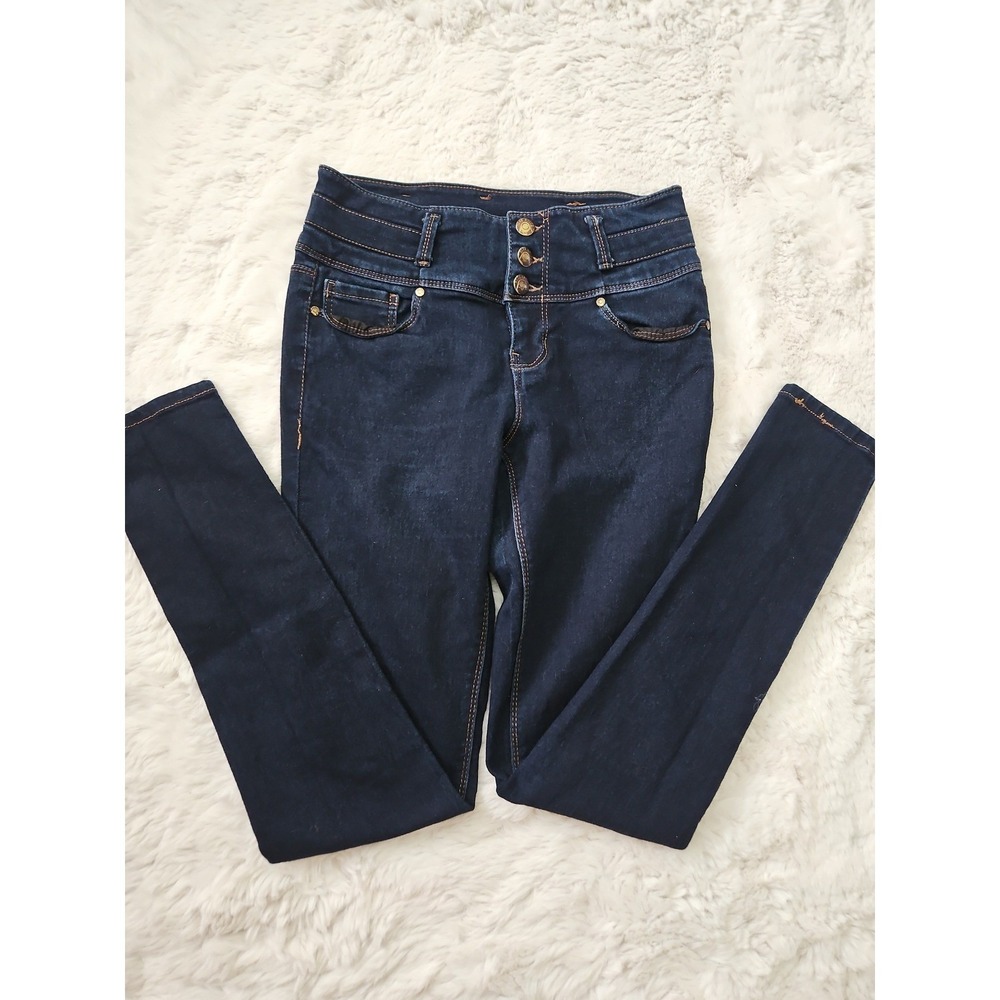 High Waisted Triple Button Skinny Jeans Dark Wash Blue Spice Size 3 Corset Waist
